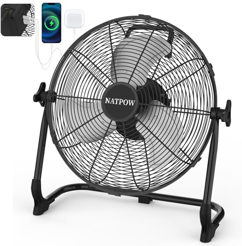 NATPOW Akku Ventilator, 13200mAh Bodenventilator Leise mit Typ C und USB-Aufladung, 15W Stufenlos Drehzahlregelung, 30cm Hoher Luftdurchsatz Windmaschine für Baustellen Camping Strand