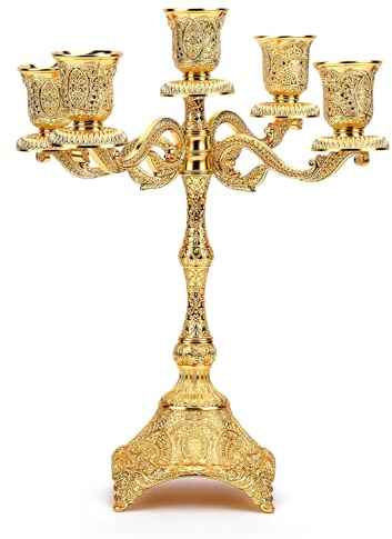 Gugxiom 5 Arm Metal Candelabra Candlestick Holders, Retro, 12.2 Inch | for Party, Home, Wedding, Exquisite Relief Carvings, A Gift Selection, Resistant to Oxidation And Discolouration