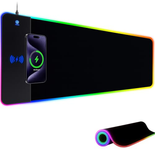 CBN - Tapis de Souris Gaming RGB XXL (800 x 300 mm), 14 Effets D'éclairage LED, Étanche, Antidérapant, Résistant à l'usure pour Gamer, Ordinateur, PC (Noir RGB Wireless)