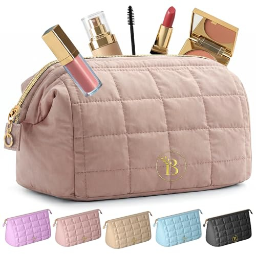 Make Up Bag - Porta Trucchi da Viaggio con Scomparti Interni | Trousse Donna Trapuntata, Beauty Case da Ampia Apertura, Pochette Trucco per Uso Quotidiano, Utilizzo Versatile - Rosa Scuro