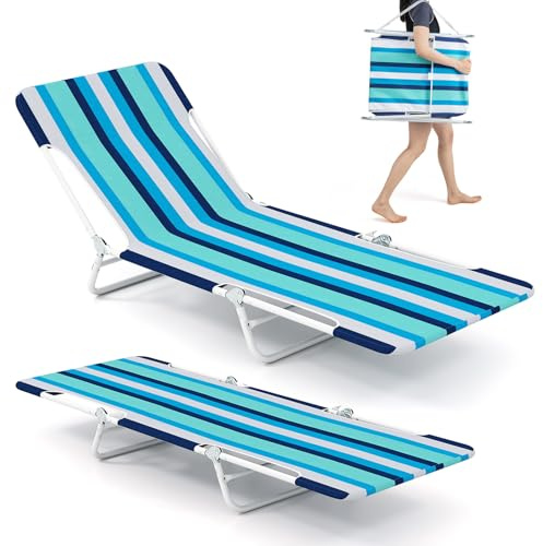 COSTWAY Strandliege klappbar leicht 2er Set, Sonnenliege mit verstellbarem Rücken- und Fußteil, tragbare Klappliege mit Tragegurt, Liegestuhl bis 150 kg belastbar für Strand, Garten (Gestreiftes Blau)