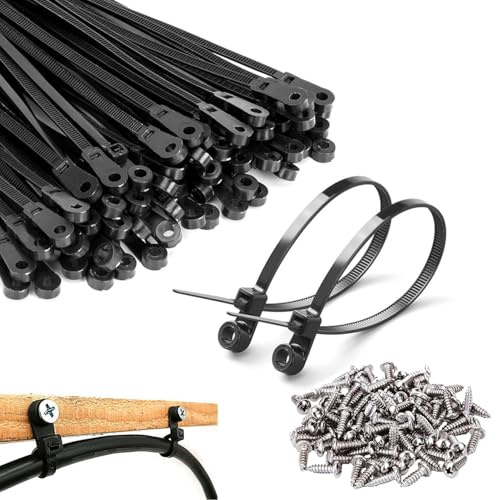 Kabelbinder mit Schraubenloch, Kabelschellen zum Schrauben Kabelbefestigung | 100Stk.,Schwarz,200MM,Mit 100 Schrauben,Befestigbarer Kopf,Kabelklemmen Wand mit Kabelbinder,Kabelhalter für Kabelbefestigung