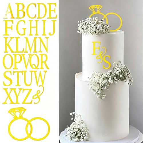Wedding Cake Topper, Diamond Ring Cake Topper mit 26 Buchstaben, Personalisiert Braut Bräutigam Initialen Schild, Acryl Tortenstecker Hochzeit für Hochzeits, Antrag, Verlobung, Jubiläum