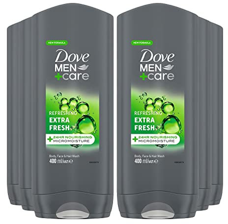 Dove Men+Care Lot de 6 gels douche 3 en 1 Extra Fresh XXL pour le corps, le visage et les cheveux avec micro humidité 400 ml