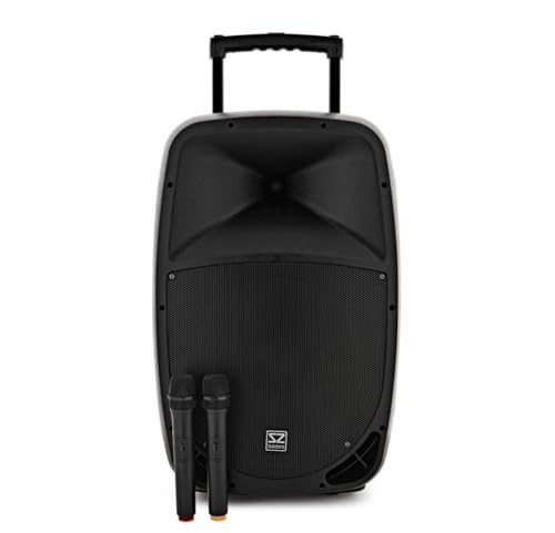 SubZero P15 Altavoz de PA Portátil con Bluetooth y Micros Inalámbricos | Hasta 4 horas de batería, diseño tipo trolley con ruedas, reproductor multimedia con USB, SD y Bluetooth