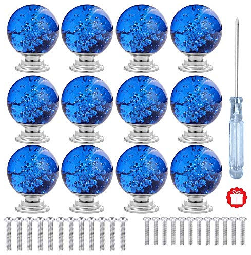 ANJUU 12 Pcs 30mm Round Shape Bubble Crystal Glass Cabinet Knobs with Screws Drawer Knob Pull Handle Used for Kitchen, Dresser, Door, Cupboard (Blue)