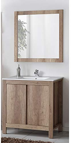 Lomadox Badezimmer Waschplatz Set mit Spiegel ● Holzoptik Country Eiche Nb. ● 80cm Waschtisch-Unterschrank inkl. Keramik-Waschbecken