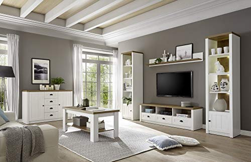 Wohnzimmerset Wohnwand Tesorino X Dekor Pinie Weiß Applikationen Eiche hell 300(260) x198x43cm Wohnen Anbauwand Fernsehwand Wohnzimmerkombination Beleuchtung ohne Beleuchtung