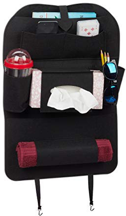 Relaxdays Baksätesorganisatör, stor baksätesficka av filt, för barn, 7 fack, ryggstödsskydd för bil, svart