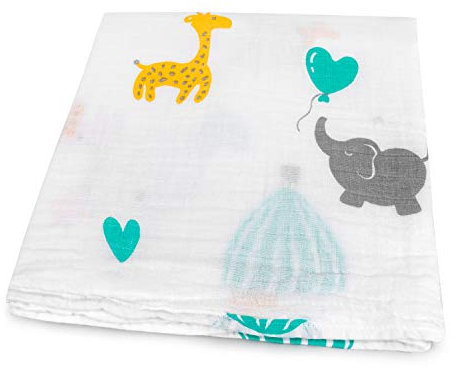 HOMYBABY® Musselin Baby Tuch 120x120 – Bio-Baumwolle – Babydecke für Neugeborene – Als Spucktuch, Decke für Kinderwagen, Wiege, Wickeltisch oder zum Pucken verwendbar (1, Elefant & Giraffe, 120x120)