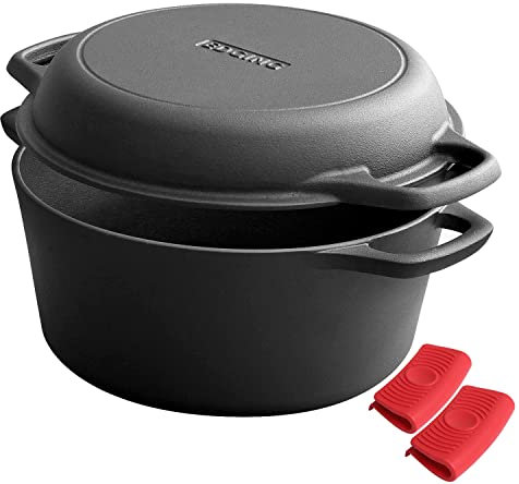 EDGING CASTING 2-in-1 Pre-Seasoned Cast Iron Dutch Oven Pot with Skillet Lid Cooking Pan, Cast Iron Skillet Cookware Pan Set with Dual Handles Indoor Outdoor for Bread, Frying, Baking, Camping, BBQ,