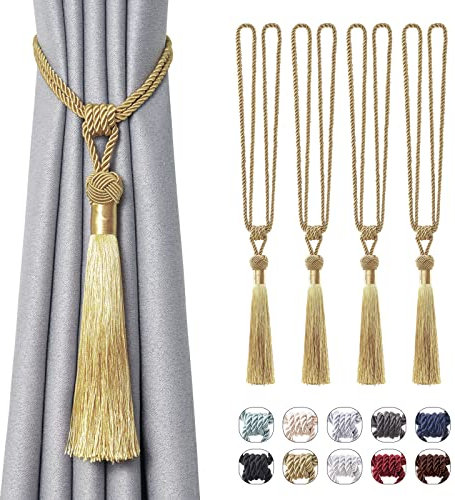 Pretty Jolly Langen Quasten Vorhang-Raffhalter Handmade geflochtene Seil Knoten drapierte Raffhalter Elegante dekorative Vorhanghalter für Zuhause und Büro, Gold, 4 Stück