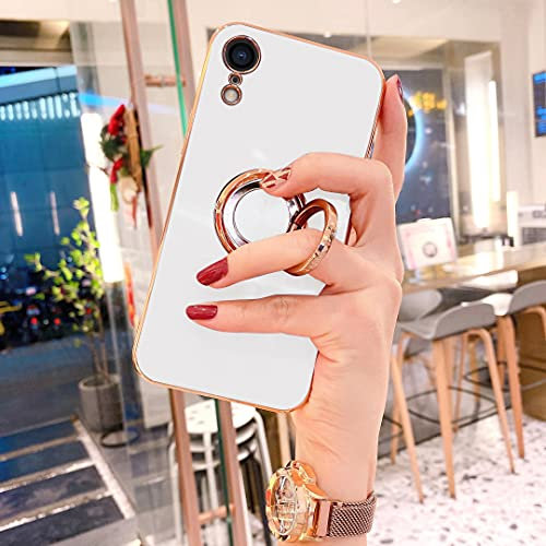 OWM iPhone XR Case with Ring Holder Stand Magnetic Back Silicone Shockproof Gold Edge Luxury Designer Girls Women Soft Protective Phone Cover Compatible for iPhone XR (Pearl White)