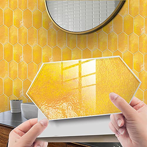 Hiseng 24/48 Stück Küchenrückwand Fliesenaufkleber, Hiser Rechteck Marmor Mosaik Stil Wasserdicht Ölfest Stickerfliesen Deko Selbstklebende für Küche Badezimmer Wohnzimmer (Gelb,48Stück)