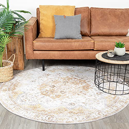 FRAAI | Home & Living Teppich Vintage Rund - Lago Gelb - Baumwolle, Polyester - Flachgewebe - Vintage - Orientalisch - Wohnzimmer, Esszimmer, Schlafzimmer - Carpet