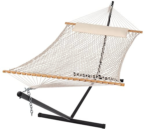 SUNCREAT Hamac d'extérieur double avec support inclus, corde en coton portable pour 2 personnes pour extérieur, terrasse, jardin, cour, beige