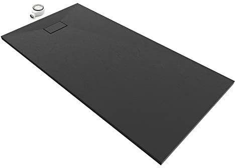Moments of Glass SMC Duschwanne 180x80 cm Rechteckige Duschtasse mit Anti-Rutsch Flach mit Steinoptik - Schwarz