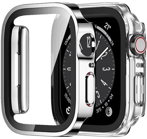 Amizee 2 Stück Hard Hülle Kompatibel mit Apple Watch Series 9/8 Series 7 45mm Schutzhülle mit Tempered Glass Displayschutz, Ultradünn Kratzfeste Schutzhülle für iWatch 45mm (Silber/Transparente)