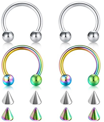 Musihy Nasen Piercing Nase, 4 Stücke Piercing Set Ohr Piercing Set Edelstahl Silber Bunt Halbkreis mit Runden Enden und Kegelersatz