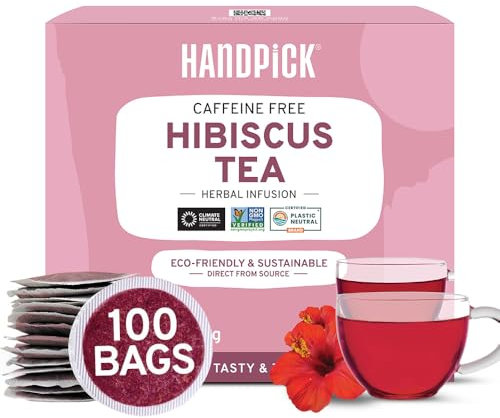 HANDPICK Tisane d’Hibiscus | 100 Sachets Ronds Écoresponsables | Sans Caféine | Fleurs d’Hibiscus 100% Pures | Non-OGM | Scellé Sous Vide pour la Fraîcheur