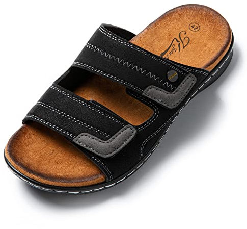 JOMIX Sandales Homme en Cuir Chaussures de Plage Tongs Hommes Chaussons d'été Confortables pour Maison Piscine Mer Douche (Noir, 43)