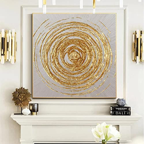 Grand Cercle Doré Peinture à l'huile sur Toile Mode Abstraite Originale Minimaliste Feuille d'Or Encadrée Mur Art Peinture Salon 80x80cm(31x31in) Avec Cadre