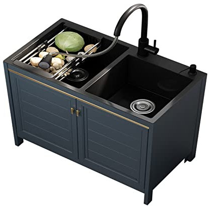 Lavello lavello da incasso in acciaio inox lavelli da cucina domestici lavello cucina 2 vasche con foro rubinetto Lavandino da cucina per esterni da giardino con ripostiglio e rubinetto estraibile ( C