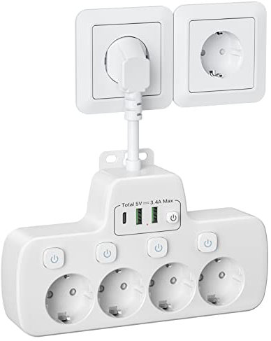 Regletas Enchufes USB C, Ladron Enchufes con Interruptor Regleta 4 Tomas 3 Carga Rápida USB Adaptador Enchufe Alargador 6 Interruptor Independiente Schuko Enchufe Multiple Pared Cable Corto,Blanco