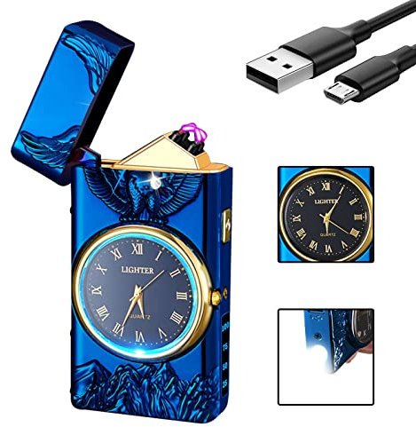 GADATOP Eagle Plasma Feuerzeug Elektrisch Aufladbar Lichtbogen USB Personalisiert Winddicht Mit Zifferblatt Und LED Licht Für Camping (Blau)