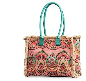 CORIOS Frauen Canvas Handtasche Ethno Stil Tote Retro Schultertasche mit Fransen Sommer Strandtasche Grosse Kapazitat Hobo Boho Top Handle Tasche fur Urlaub Strand Reisen Alltag Mehrfarbig