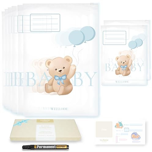 Wellode® 8 Bustine Corredino Neonato Ospedale Teddy Bear, 6 Grandi e 2 Piccole - Sacchetti Cambio Neonato Riutilizzabili - Regalo Prezioso per Future Mamme e Lista Nascita Bebè - Design Registrato