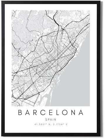 State Media Vision Juego individual de póster de mapa de la ciudad del mundo de Barcelona, impresión minimalista para dormitorio o sala de estar, arte de pared de Barcelona en blanco y negro (solo