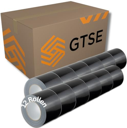 GTSE - Gewebeband Schwarz - 100 mm x 50 m - 12 Rollen - strapazierfähiges Panzerband - wasserdichtes Klebeband zum Reparieren, Befestigen, Bündeln, Verstärken und Abdichten