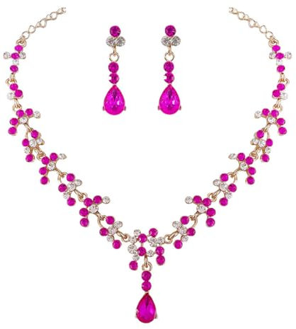 Prosy Parure de mariée avec collier et boucles d'oreilles en strass et cristal pour femme et fille (Rose rouge)
