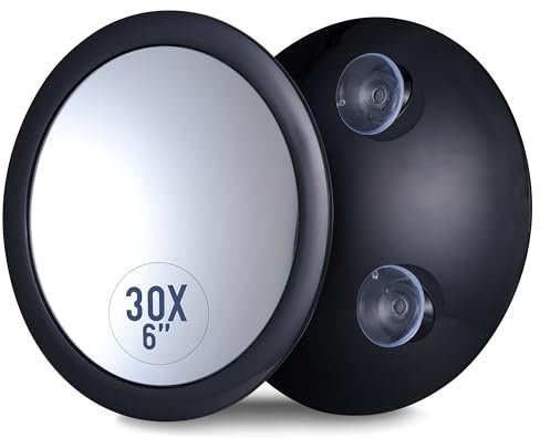 Miroir Grossissant x30 avec Ventouse - Petit Miroir Mural de Salle de Bain pour Le Maquillage et Les Soins de Précision, 15 Centimètres (Noir)