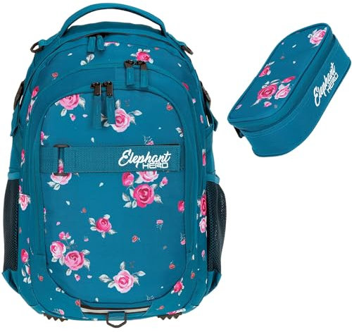 Elephant 2 Teile Set Rucksack Signature Hero Schulrucksack 12723 + Mäppchen Box (Blue Flower 12847)