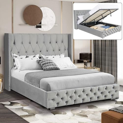 Ottoman Bed Frame Gas Lift Up Bed Upholstered King Size Bed Frame, Wooden Slats Space Saving UKFR Velvet Bed Frame with Storage, 5ft Grey King, No Mattress
