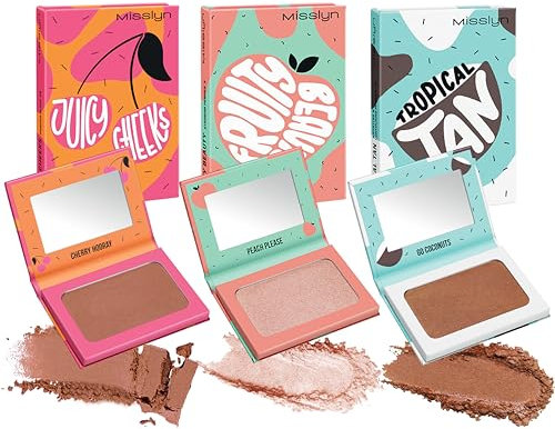 Misslyn Set mit 3 Make-up-Paletten für Damen, 3 Paletten mit Spiegel, Rouge, Volumenpuder, feuchtigkeitsspendend