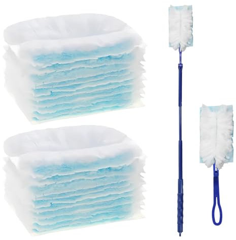 Granvoo Plumero Kit Atrapapolvo, 20 Piezas Recambios Plumero Atrapapolvo, con 2 Mango Azul, Desechables Recarga de Plumero, Adecuado para Muebles, Coches, Mantas (Azul y Blanco)