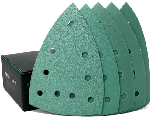 Serious Grit 4 x 6 Delta (100 mm x 150 mm) Dreieck-SortimentKörnung 80, 120, 150, 180, 220 (je 10 Stück) Passend für Festool DTS 400 und Mirka DEOS Deltaschleifer50er-Packung mit gemischter Körnung