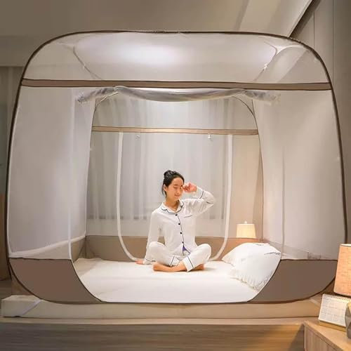 Moskitonetz, Betthimmel, 3 Türen, tragbar, für Reisen, Zuhause, Camping, Zelt, Anti-Moskito-Zelt, faltbar, Pop-Up-Bettnetz, freistehend, 1,8 m, Kaffee (Größe: 180 x 200 cm)