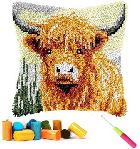 CCWORAN Highland Cow Latch Hook Kits for Adults Beginners Animal Cushion | Covers Craft Kits Making Crochet Pre Printed Canvas Wool Yarn Hobbies Diy Sofa Home Decor Women Gift 8