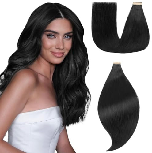 EINbeauty Tape Extensions Echthaar 20pcs Extensions Echthaar 35cm 40g Tief Schwarz Tape In Extensions Echthaar Invisible Echthaar Extensions Tape Glatt Haarverlängerung Für Frauen(14inch,1#)