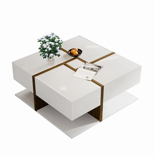 HAINEW Moderner Couchtisch Quadratisch Funktionscouchtisch mit 4 Schubladen und Unten Stauraum, Wohnzimmertisch, Sofatisch, Kaffeetisch, Beistelltisch aus Holz (Weiß + Braun)