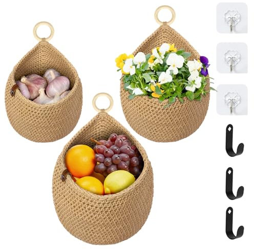YTOPRO Obstkorb Hängend 3 Wandkorb mit Haken Obstkorb und Holzringgriff Wand Hängekorb Obst Fruit Basket Hängekorb handgewebt Baumwollseil Gemüsekorb Pflanzkorb Dekorativer Hängekörbchen für Küche