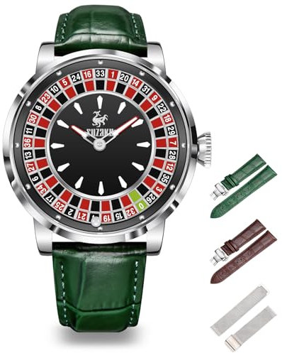 SUZAKU Männer Automatische Mechanische Uhr 46mm Rotierendes Zifferblatt NH35A Japanisches Uhrwerk 50M Wasserdichtes Lederarmband (Silber Grün)
