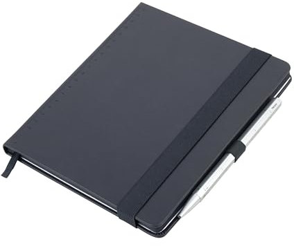 TROIKA Notizblock schwarz DIN A5 BLACK SLIMPAD inkl. Kugelschreiber silber, Elastikband-Verschluss, Punktraster, Stiftschlaufe, Lesezeichen, FSC zert. Papier, eingefärbte Seitenränder, Kunstleder