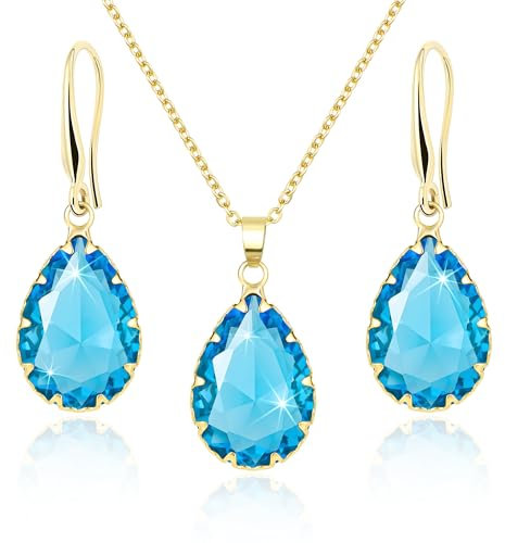 Linawe Aquamarin Blaue Schmucksets für Damen Gold Schmuck Set, Anhänger Ohrringe Hängend Ohrringe Set, Kette Halskette Kettenanhänger Gold, Damenohrringe Goldschmuck Jewelry Set