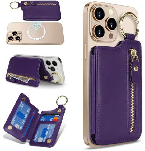 Zouzt für MagSafe Wallet, Magnetischer Handy Kartenhalter Reißverschluss, Zipper Wallet mit verstellbarem Ständer, Ring Schlüsselanhänger for iPhone 16e/16 Pro Max/15/14/13/12, Dunkelviolett