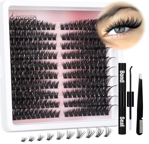 Cat Eye 80D Lash Extension Kit With Clusters and Individual Lashes, Bond and Seal, Applicator - Natural Fluffy